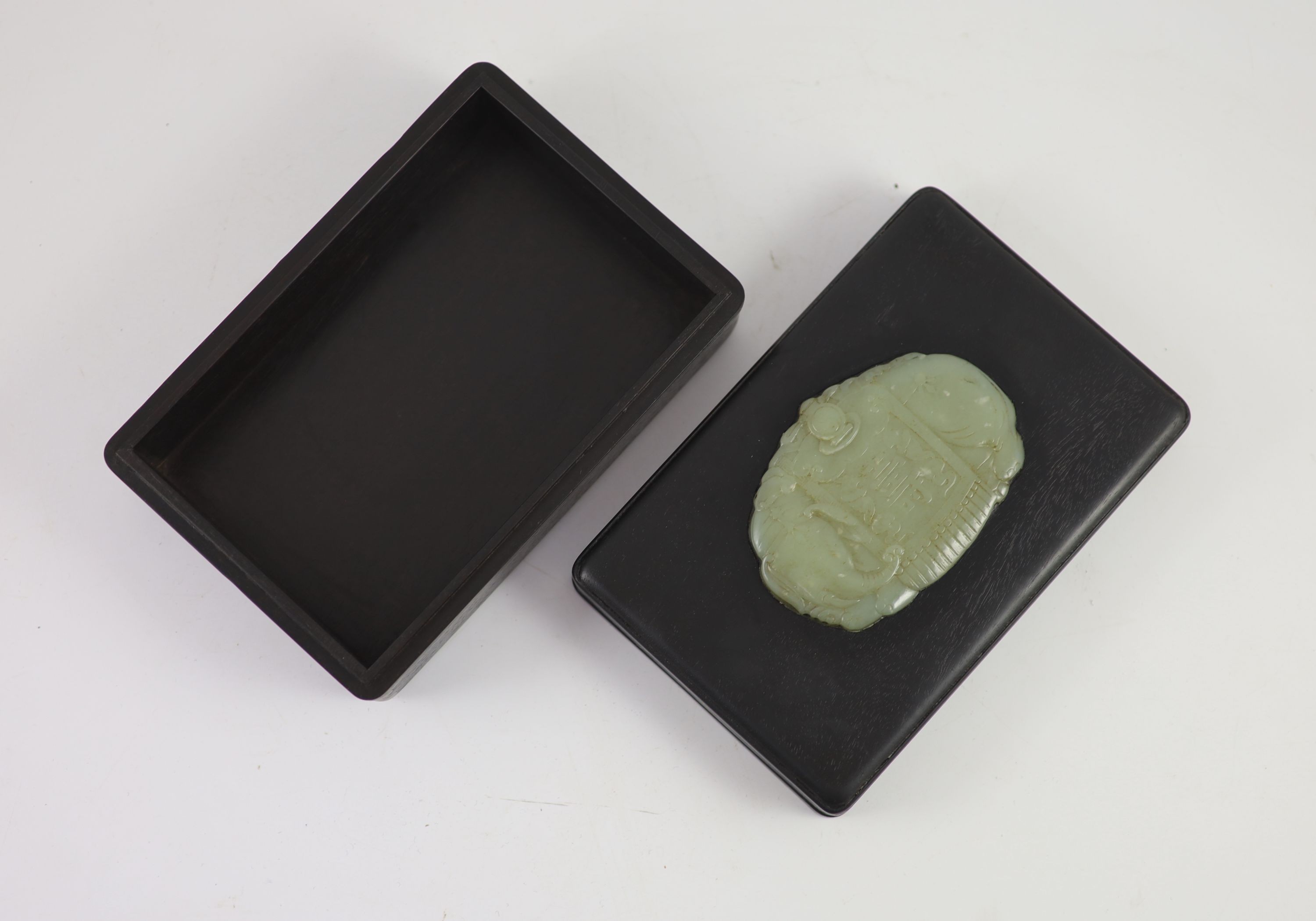 A Chinese pale celadon jade mounted wood box, 18cm x 12 cm